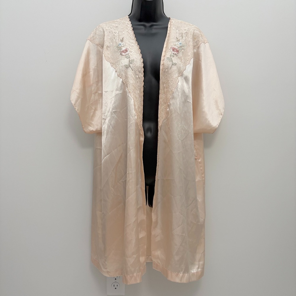 Vintage Robe Satin Lace Embroidered Floral OS Peach Pink